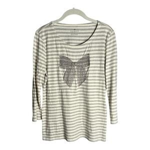 Talbots Gray and White Striped Top With Beaded Bow On Front Medium